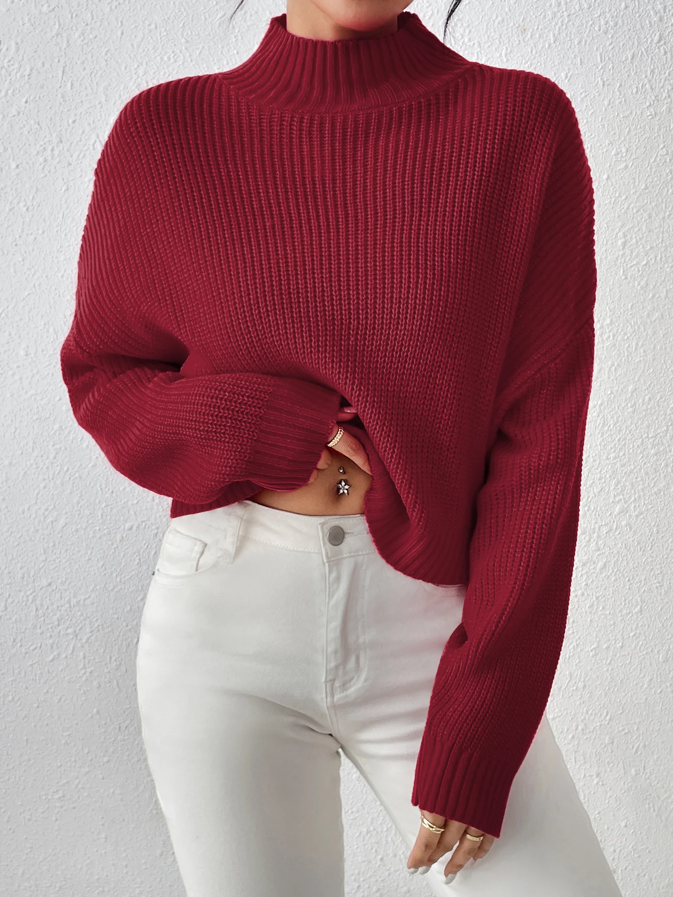 Women\'s Ribbed Knitted Sweater, Mock Neck Long Sleeve Pullover, Solid Color High Neck Drop Shoulder Jumper