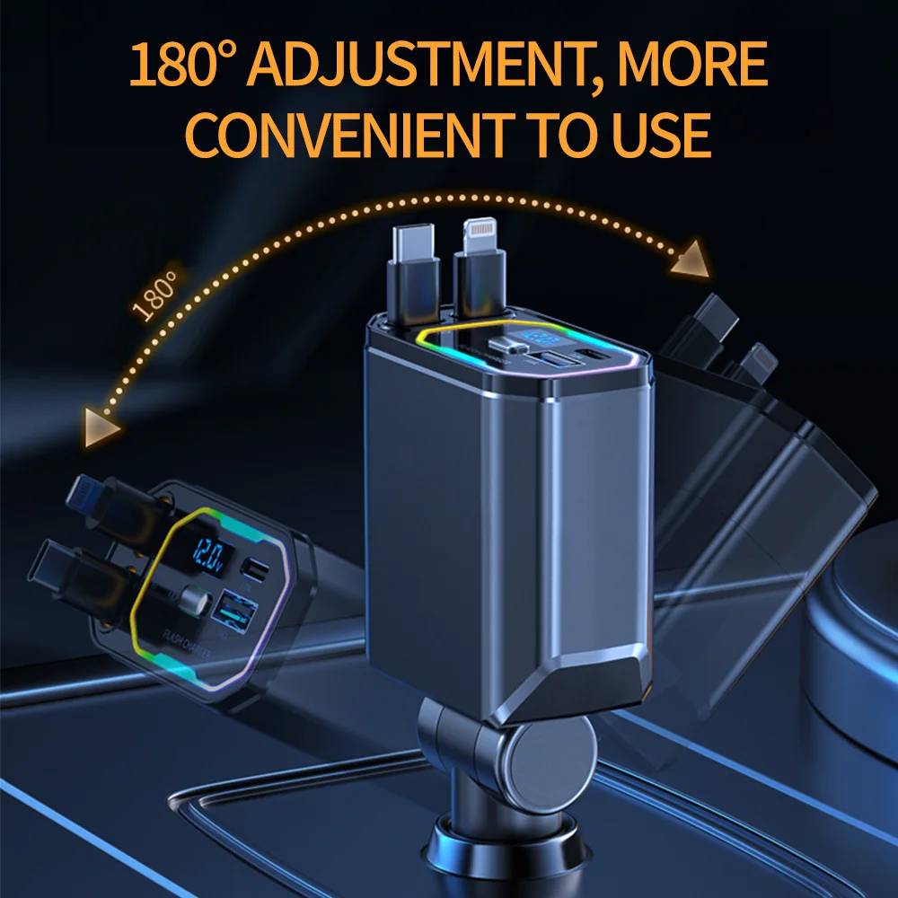 66W PD QC3.0 4 IN 1 Flexible Retractable Car Fast Charger for Apple USB Type C Super Fast Charger Cigarette Lighter Adapter