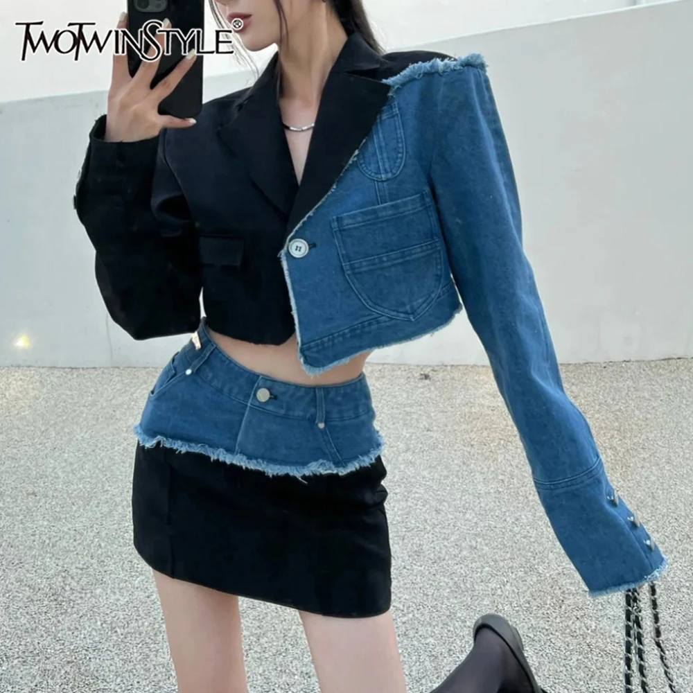 

TWOTWINSTYLE Casual Two Piece Set For Women Lapel Long Sleeve Spliced Pocket Coat High Waist Bodycon Skirt Slimming Sets Female