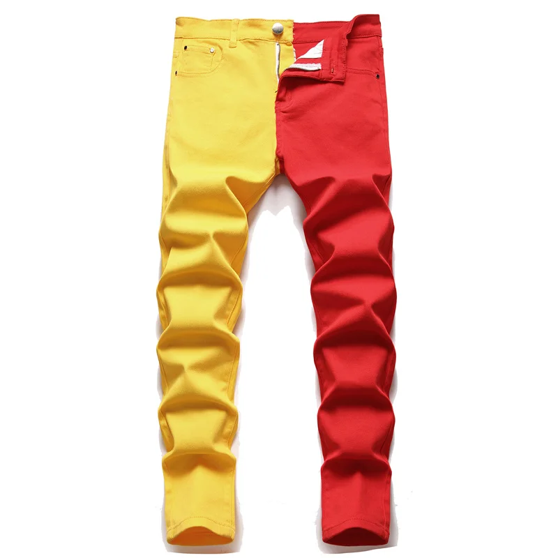 Duas Cores Emendadas Em Jeans Masculina Moda Casual Calças e Shorts Vermelho Verde Amarelo Denim Calças 28-38