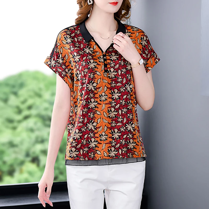 Summer Short Sleeve Floral Natural Silk Blouses Women Korean Fashion Light Top Coat 2024 Elegant Loose Waist Plus Size Shirts