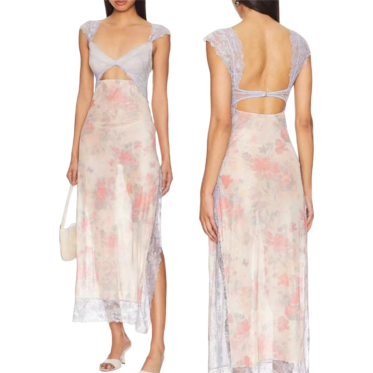 【】 Mulheres rendas retalhos malha maxi vestido floral impressão recorte querida pescoço sem costas fenda verão y2k vestidos longos