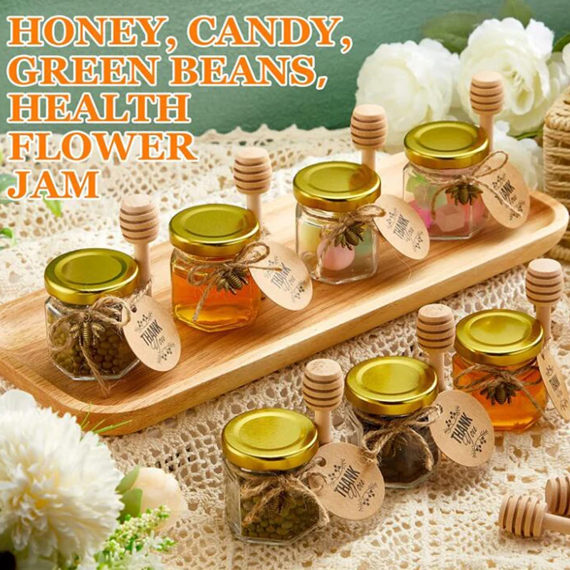 Imagem -03 - Mini Honey Jars Dippers Favores de Festa Pequenos Frascos de Mel Tampas Douradas Tags de Encantos de Abelha Fio de Juta Cute Takehome Gift 10 Pcs 20 Pcs 15 oz