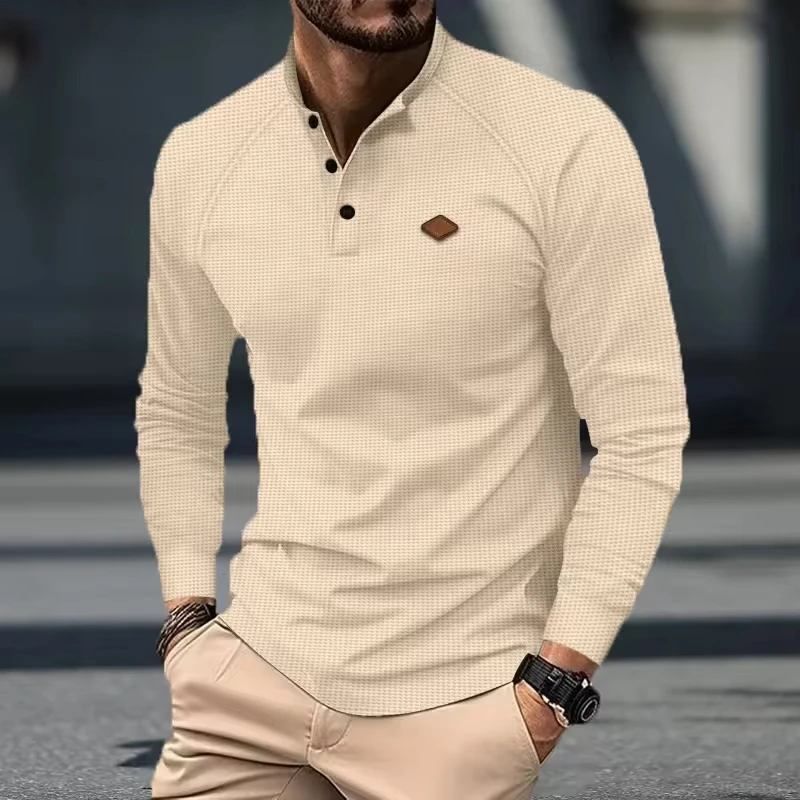 Best-Sellg New Vtage Waffle Men's Henry Shirt Breathable Casual Busess, Men's button-down Round Neck Long Sleeves