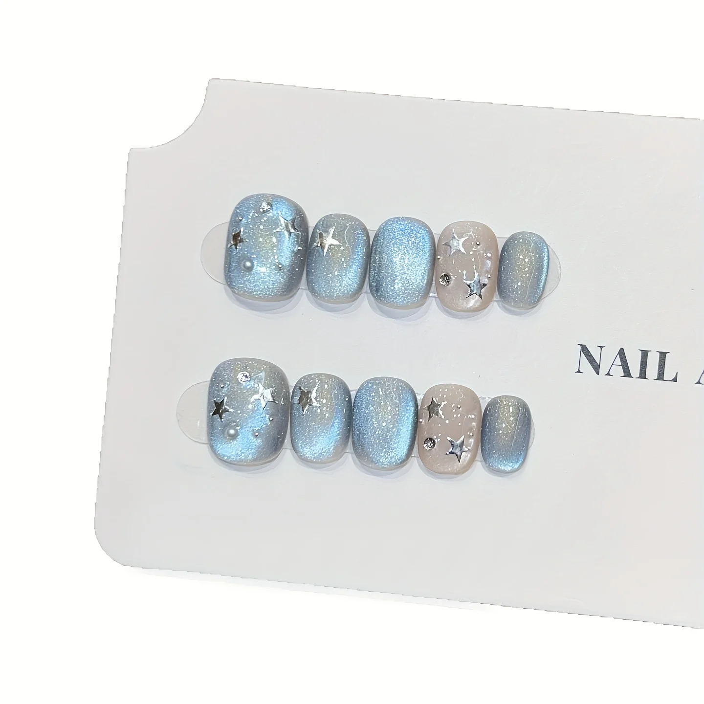 10개 수제 프레스온 네일 블루 스타 캣아이 풀커버 네일 피스 여성&소녀용 짧은 탈부착 가능 웨어러블 가짜 네일