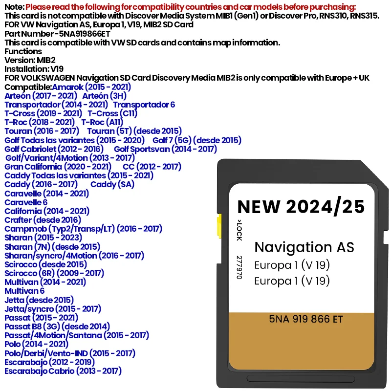 بطاقة SD GPS 2024/2025 لبطاقة SD للملاحة VW Nuevo وفقط لخريطة الملاحة Media MIB2 لأوروبا والمملكة المتحدة