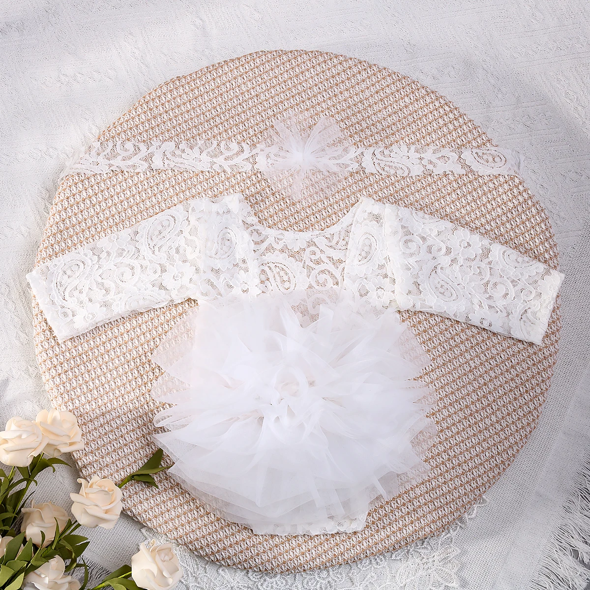 Ylsteed 2-teiliges Set, staubiger rosa Spitzen-Strampler für Neugeborene für Fotoshootings, flauschige Mesh-Spitzen-Fotografie-Outfits mit Stirnband – Detail 36