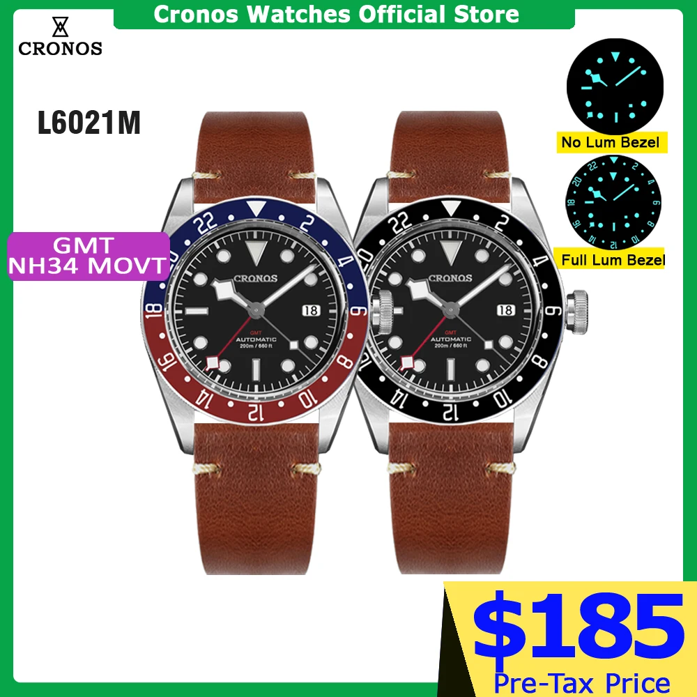 Cronos BB GMT Men Watch Automatic NH34 Coke Ceramic Bezel Bi-Directional 24 Clicks Spphire Glass L6021M