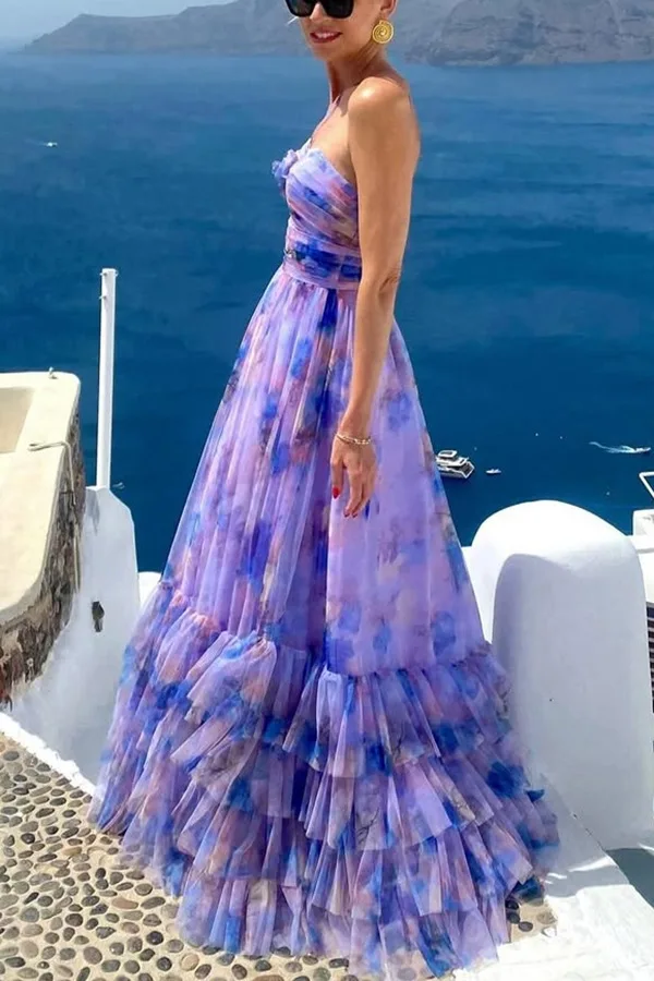 

European and American vacation style women's printed decoration sleeveless suspender oversized swing dress long skirt
