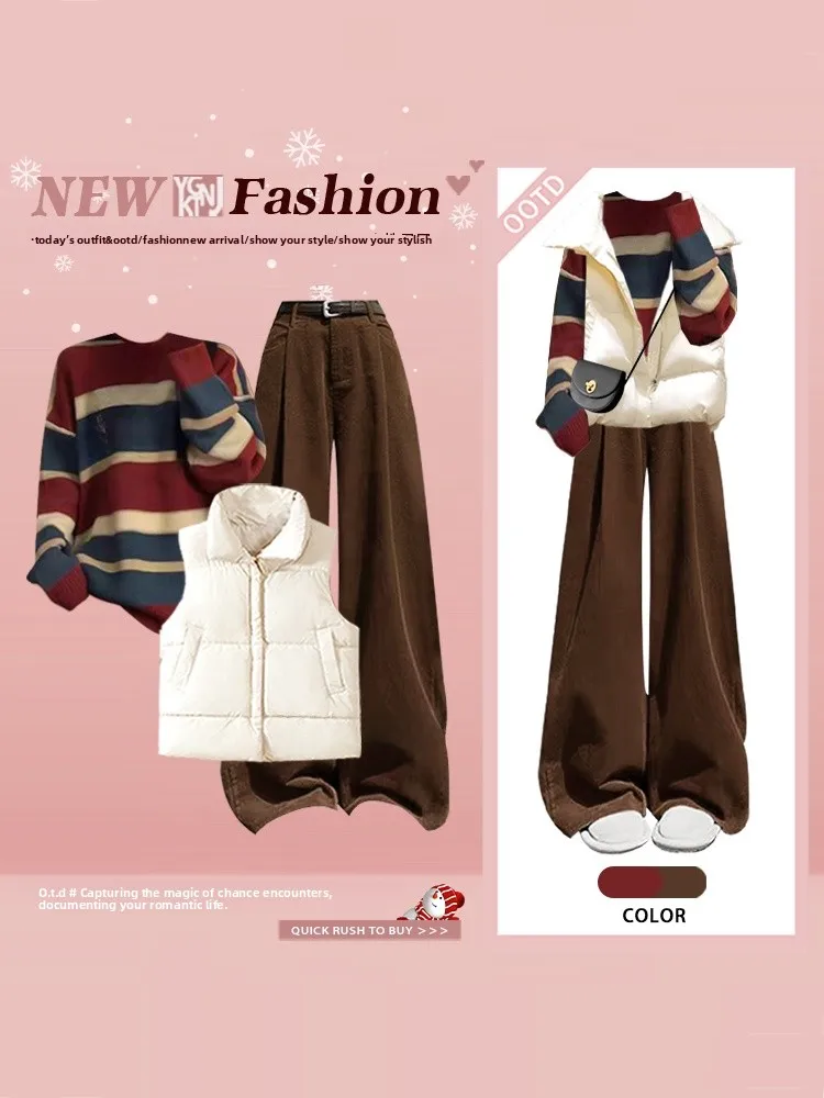 

Зимний наряд, мягкий уютный полосатый свитер, широкие брюки, комплект футболок контрастного цвета, трикотажная одежда, винтажный слэ для женщин