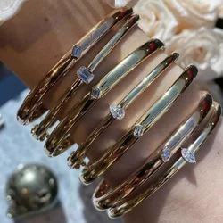 Geometric Single Stone Simple Fashion Women Jewelry Gold Color 5A Cubic Zirconia CZ Bangle Open Sized