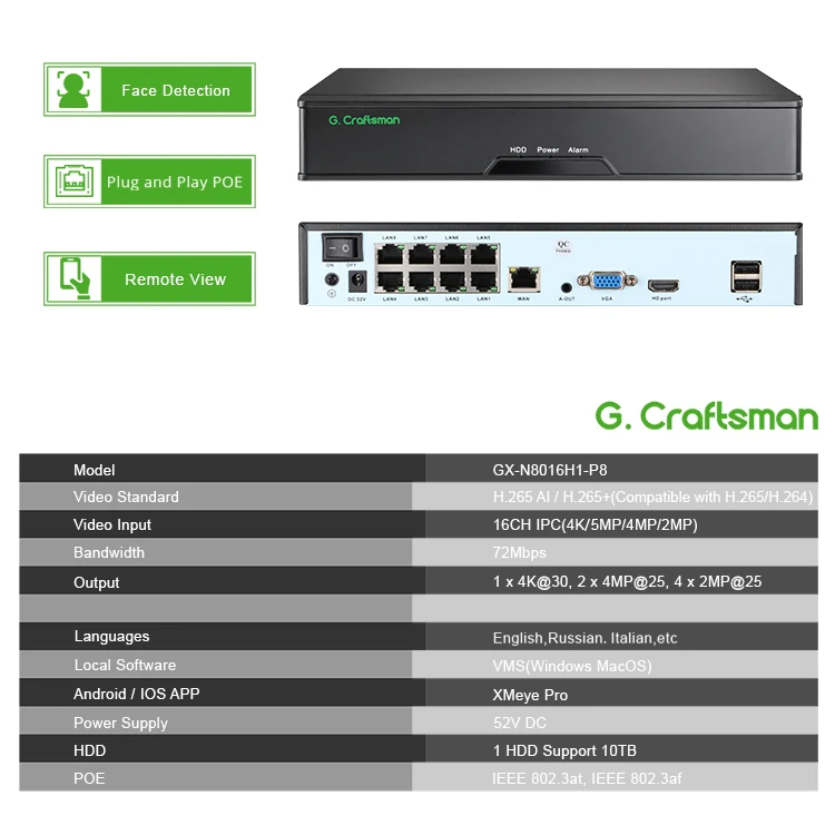 GX-N8016H1-P8(AG) Gcraftsman Latest 16CH Smart H265 4K 8MP CCTV IP NVR with 8 POE Ports 14TB Hard Disk SATA XM Camera XMEYE APP