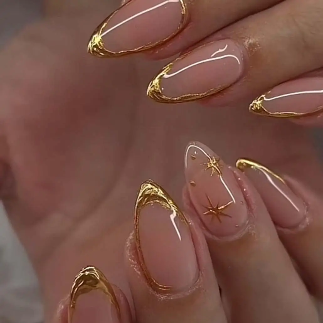 

Almond Fake Nails with Gold Line Design, Glossy Full Cover Stick on Nails for Women, 24Pcs