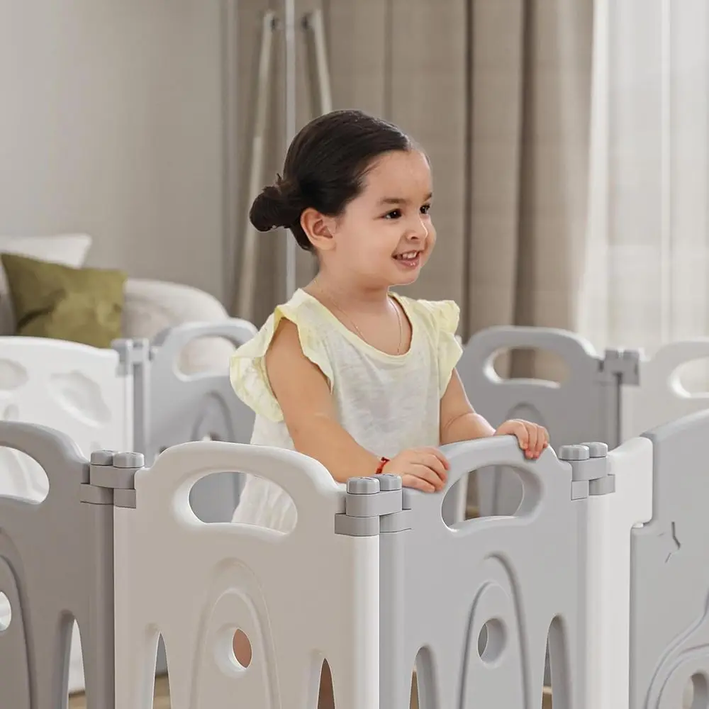 روضة أطفال قابلة للطي للأطفال - منطقة لعب آمنة للأطفال، داخلية/خارجية، 12+2 لوحة (رمادي وأبيض)