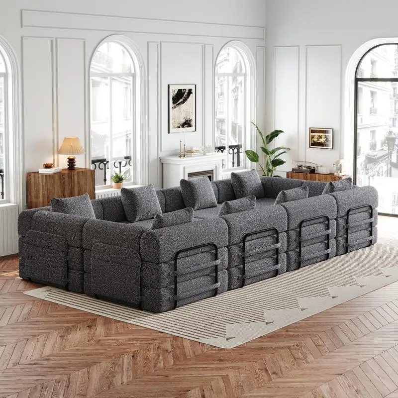 أريكة سرير شانيل قابلة للتحويل مكونة من 8 مقاعد مع جيوب تخزين جانبية، تصميم قابل للطي لغرفة المعيشة وغرفة النوم والدراسة، سجادة