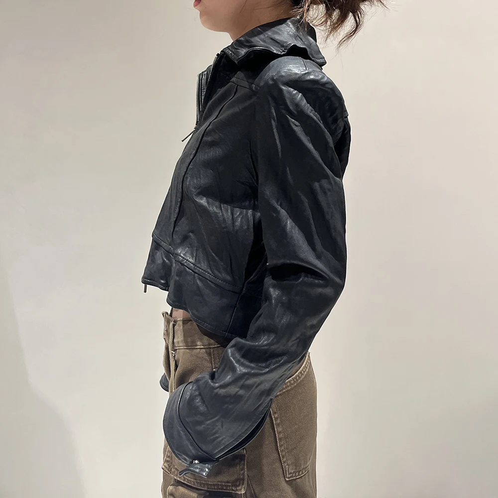 Jxwatcher Sheepskin Coat for Women Retro Cropped Genuine Jacket Ladies Autumn Fashion Moto Biker Zipper Jacket 2026 New Arrival
