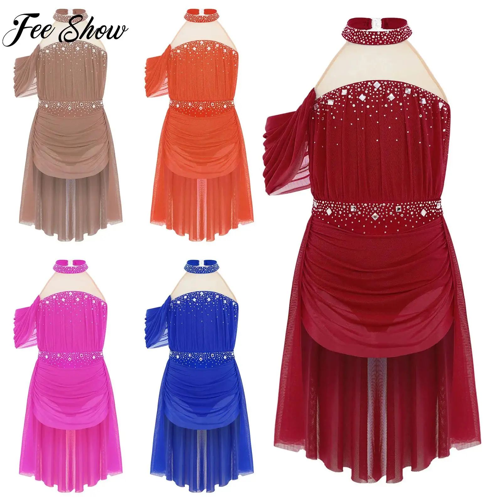 

Kids Halter Backless Rhinestones Ruched Mesh Drape Dress Girls Ballet Lyrical Modern Dance Skating Gymnastic Performance Costume