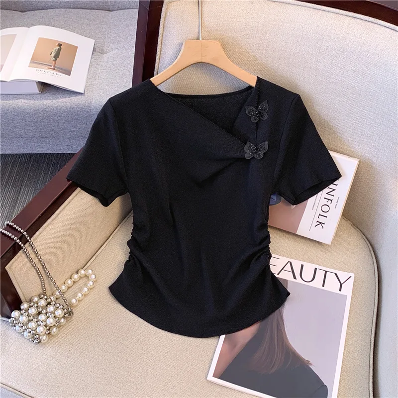 Top women's summer dress new pure desire wind small fragrance three-dimensional bow short design short sleeve shirt.