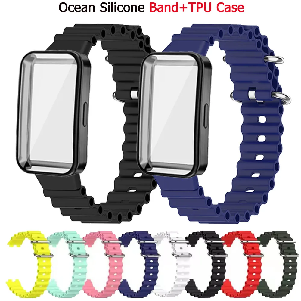 Cinturino in silicone Ocean + custodia protettiva in TPU per Huawei Band 9 Accessori cinturino di ricambio per braccialetto Huawei Band 8