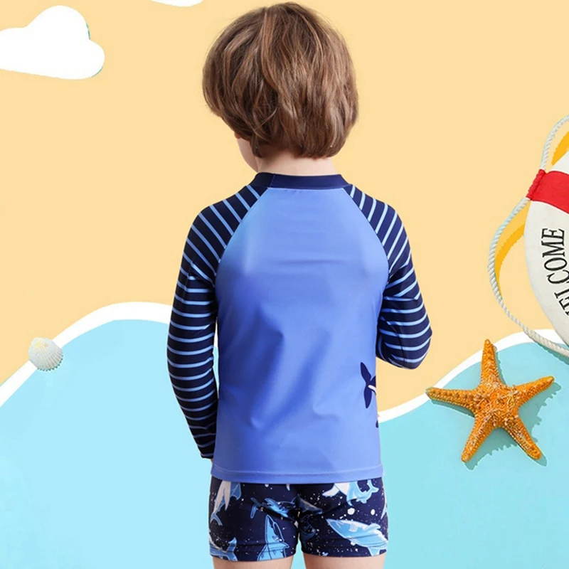 Summer 4-8 Yrs Baby Boys Long Sleeved Swimsuit Shorts Set Children Cartoon Cute Sunscreen Boys Swimsuit Bathing Suit