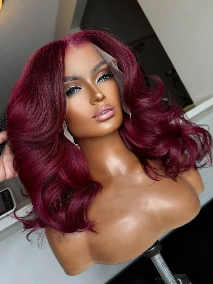 200% 8-18 borgonha 13x4 hd transparente laço frontal perucas de cabelo humano 99j colorido onda do corpo brasileiro pré arrancado com cabelo do bebê