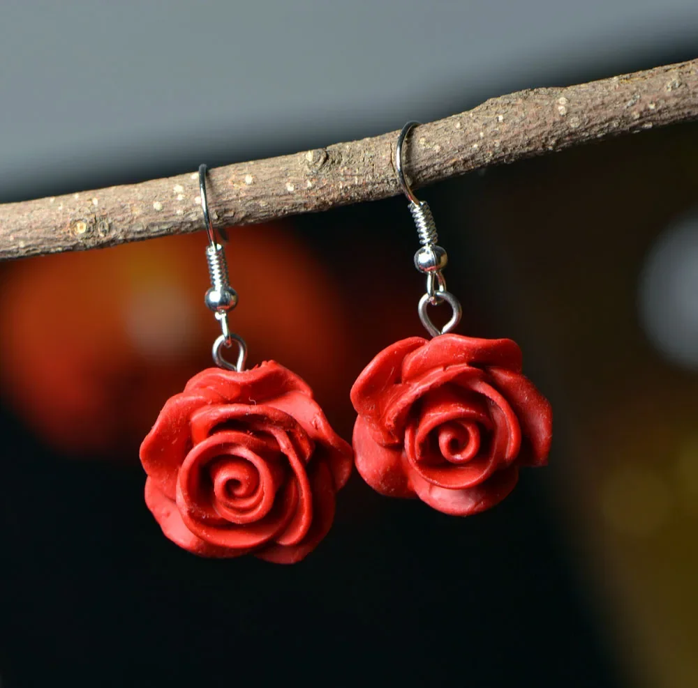 925 Silver Fashion Retro Cinnabar Rose Earrings Handmade DIY Jewellery Accessories  Lucky Amulet Gifts Her Woman New