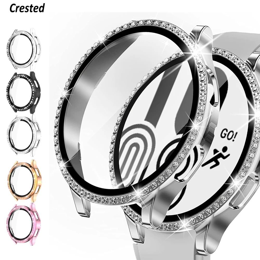 Glass+Case for samsung Galaxy watch 5/4 44mm 40mm Accessories Bling Diamond PC bumper+Screen protector Galaxy watch4 cover