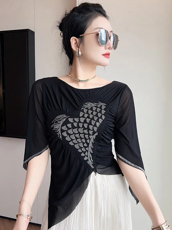 Slimming Effect Knitted Top round Neck Asymmetrical Drill Fashion Summer New Women's High-End Style Artistic Flared Sleeve T-...