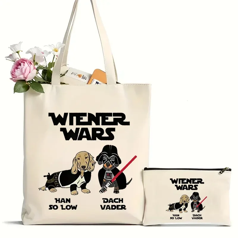 2Pcs Dachshund Dog Pattern Tote Bag Aesthetic Canvas School Shoulder Bag Lightweight Grocery Shopping Bag Valentine\'s Day