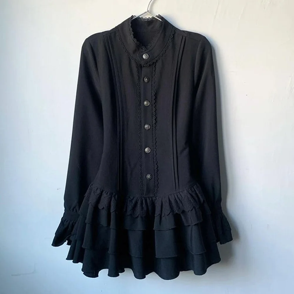 Summer Y2k Rave Dark Academia 2000s Black Dress Goth Party Club Women Dress Harajuku Long Sleeve Gyaru Mini A Line Ruffle Dress