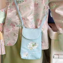 New Chinese Style Girl Mobile Phone Bag Embroidered Flowers Shoulder Messenger Bags Portable Strap Adjustable Women Small Bag