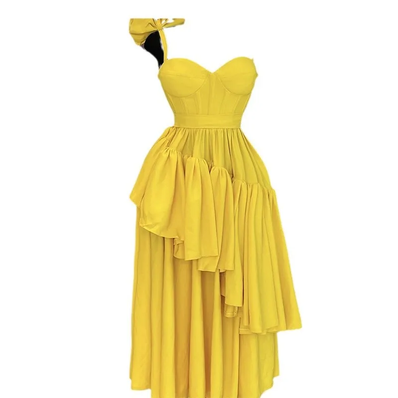 

[Stock] Europe and The United States Cross-border Women's 2025 Spring and Summer New Bow Halter V-neck Ruffled Dress Streetwear