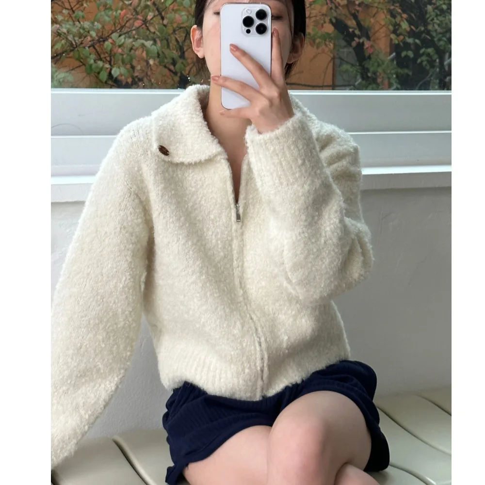 South korea Chic Autumn and Winter Circle Hair Zip-up Long sleeve Knit cardigan Women's Sweater Outerwear