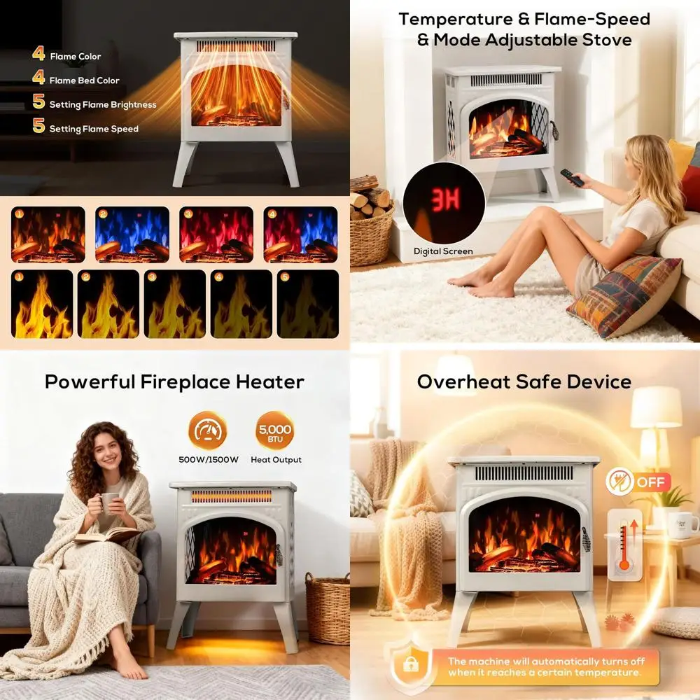 

Электрический камин 21-дюймовый напольный с пультом ДУ, обогреватель, регулируемый цвет и яркость пламени, защита от перегрева для спальни