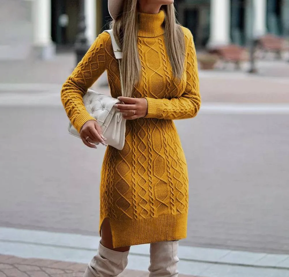 Turtleneck Cable Slim Knit Sweater Women Dresses 2023 Autumn Fashion Casual Long Sleeve Mini Dress Female New Ladies Clothes