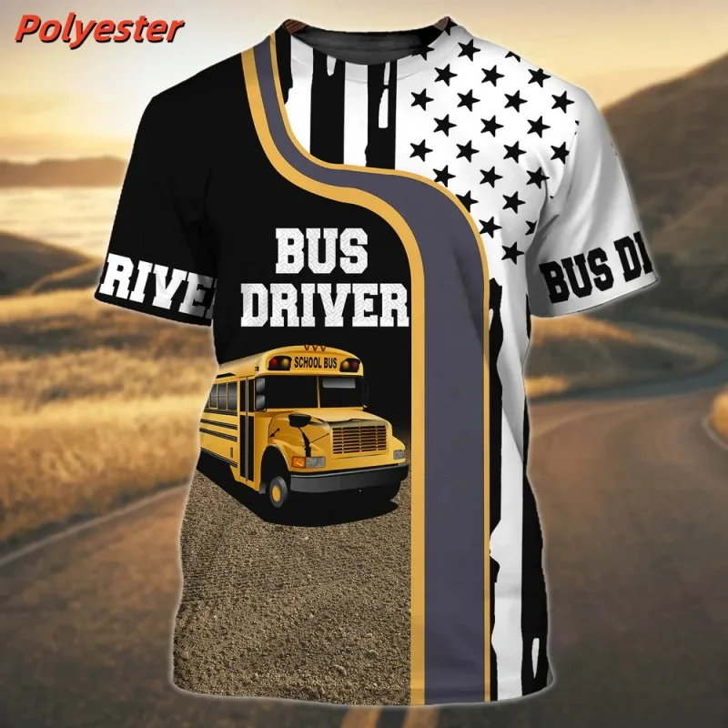 Camiseta de uniforme de conductor de autobús con estampado 3D para hombre, camisetas con patrón de autobús escolar, camisetas holgadas informales de verano con cuello redondo, camisetas de manga corta