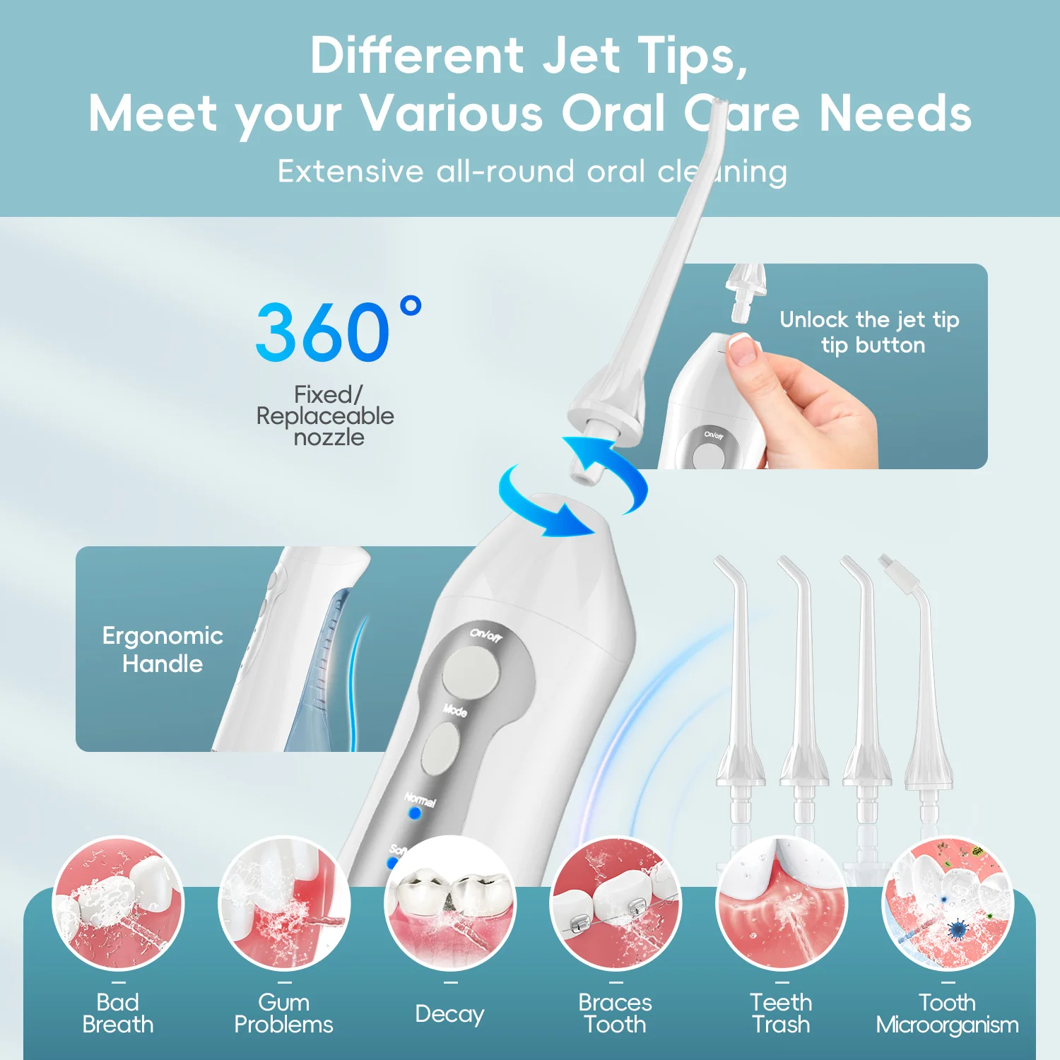 Mornwell novo d52pro irrigador oral recarregável água flosser portátil 300ml 4 bocais jato de água dental à prova dwaterproof água limpador de dentes