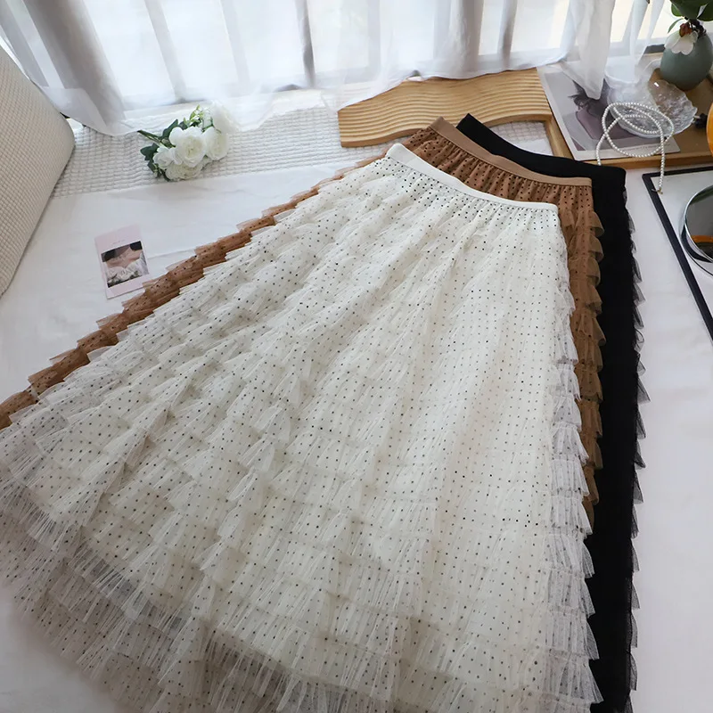 폴카 도트 미 스커트 여성용 A라인 스커트 봄 프렌 퍼프 레이어드 스커트 한국 스타일 하이 웨이스트 케이크 스커트