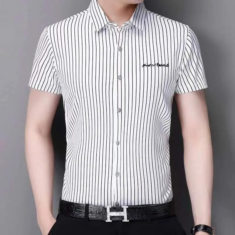 

Новинка 2025, мужской тонкий корейский топ в полоску из ледяного шелка ort Sve irt, универсальный летний повседневный топ