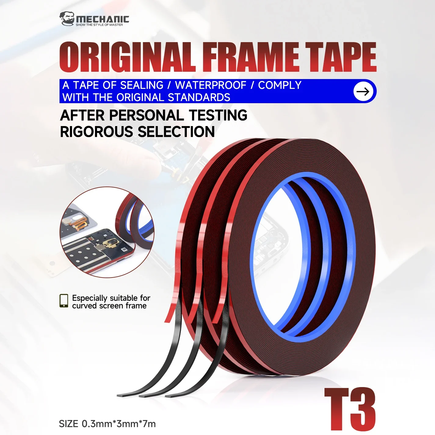 MECCANICO T3 Nastro adesivo biadesivo da 0,3 mm per montaggio schermo LCD Strumento di riparazione sigillante impermeabile per telefono cellulare