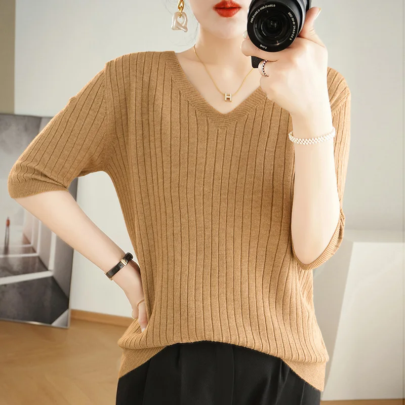 2023 Women Sweater Short Sleeve Spring Summer Knitwears Korean Fashion Stripe Pullovers Slim Fit Knit Tops Casual V-neck Jumpers