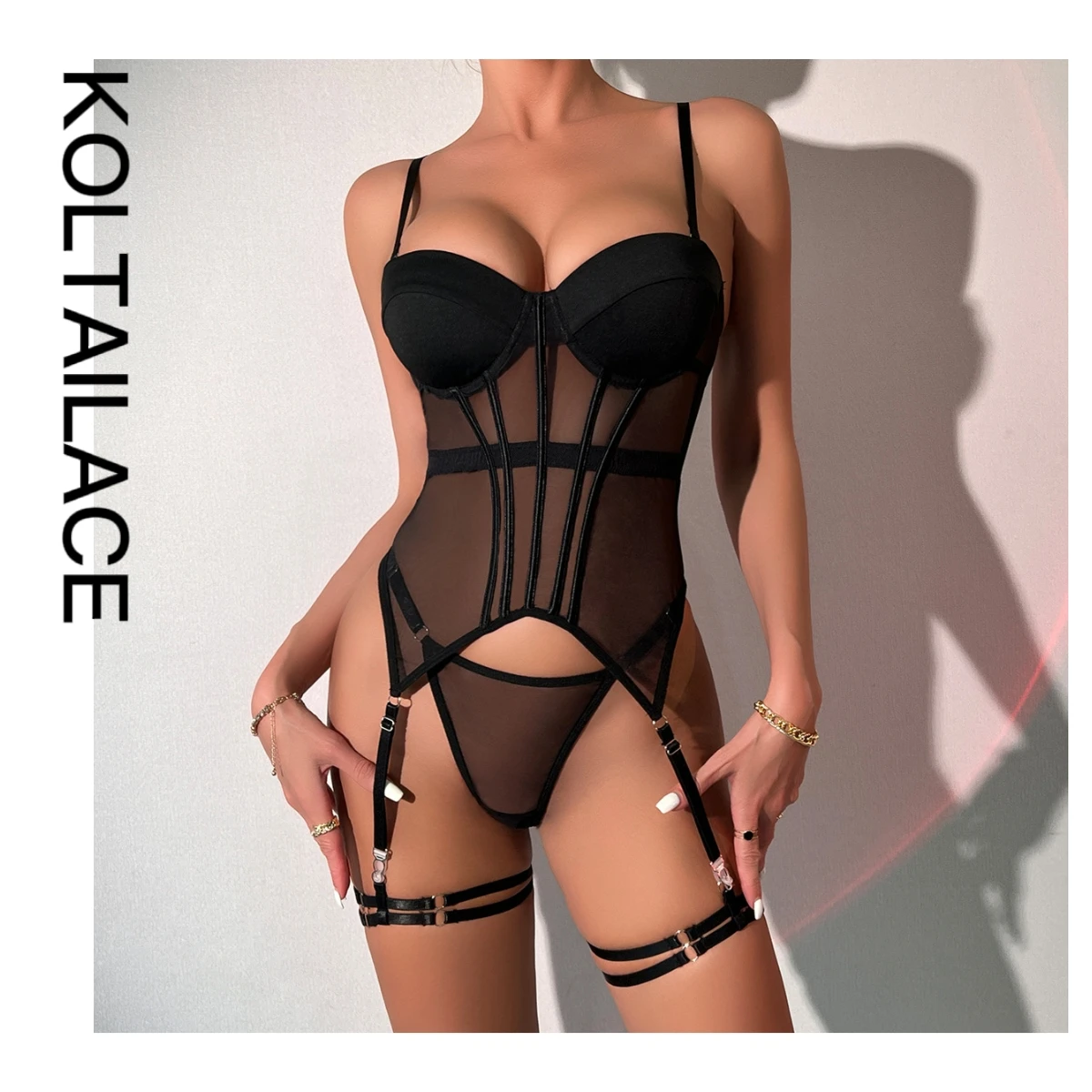 Koltailace Comfortable Mesh Sexy Underwear Breathable Body Shaping Split Clothing With Steel Ring Three-piece Underwear Set