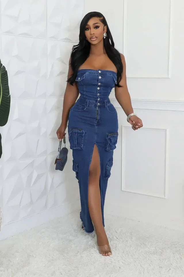 

Pockets Jeans Split Long Dress Sexy Women Strapless Elegant Blue Denim Party Maxi Dress Vestidos