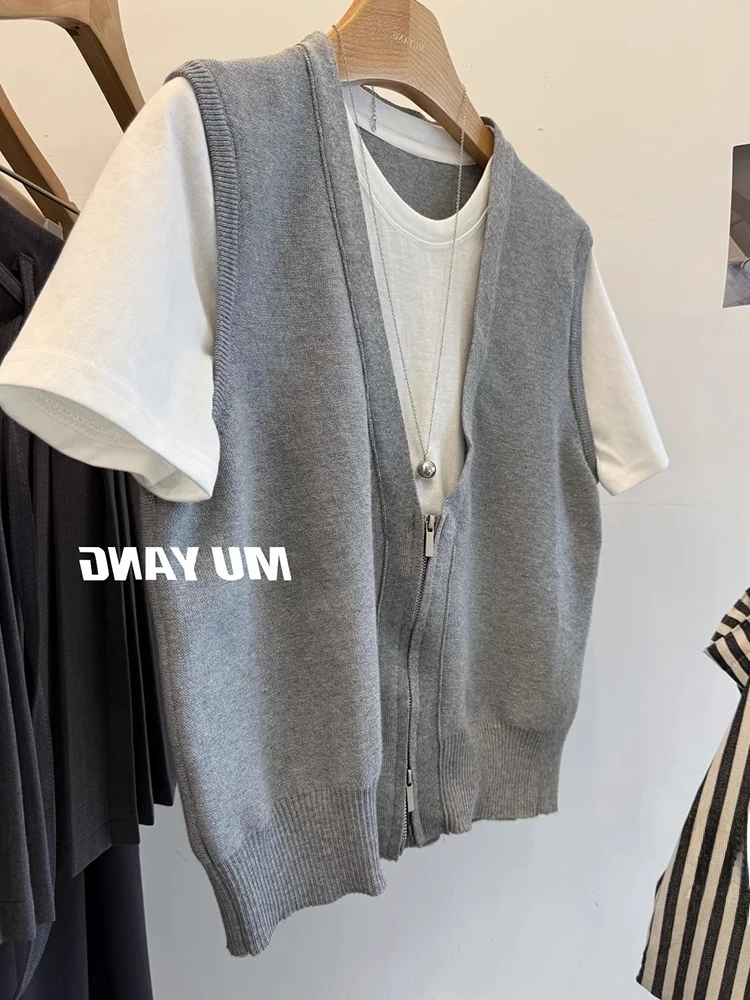 Confortável malha ort sve camiseta falso de duas peças design simples coreano sle feminino faionable verão topo poético lin