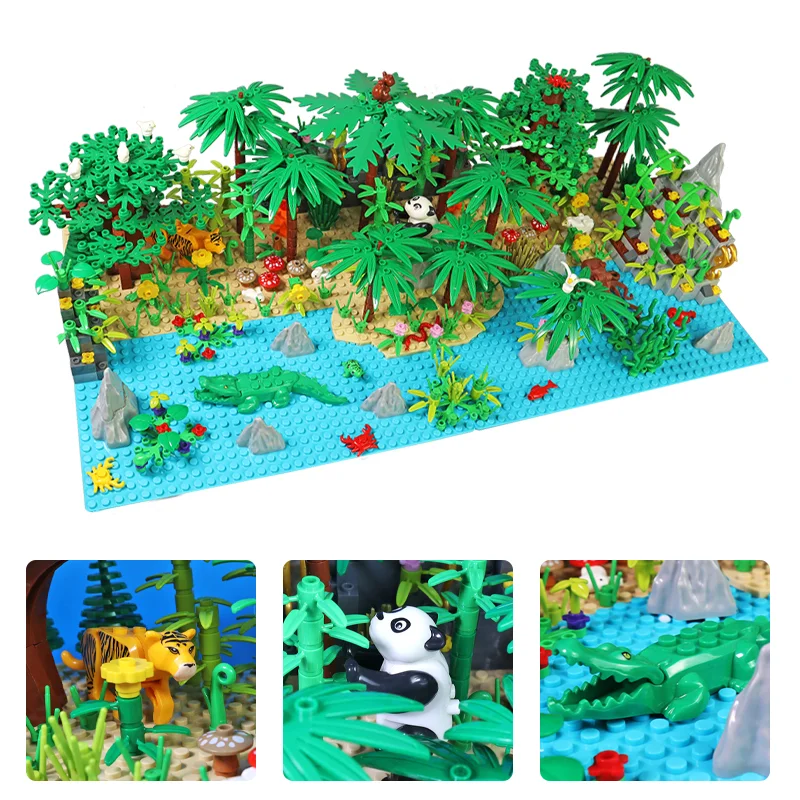 MOC Jungle Wild Animals Building Blocks DIY Toys for Boys Girls Forest Trees Blocks Compatible City Baseplate Kids Montessori