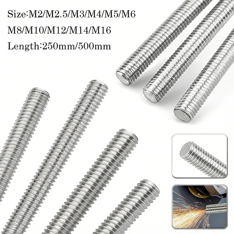 M2-M16 304 Edelstahl Vollgewindestangen, Länge 250/500mm, metrische kopflose Gewindestangen, Gewindebolzen, Schrauben