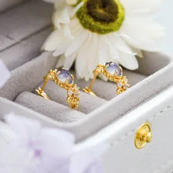 LAMOON Vintage Gemstone Earrings For Women Natural Labradorite Cordierite 925 Sterling Silver Stud Earring Bijou Accessories