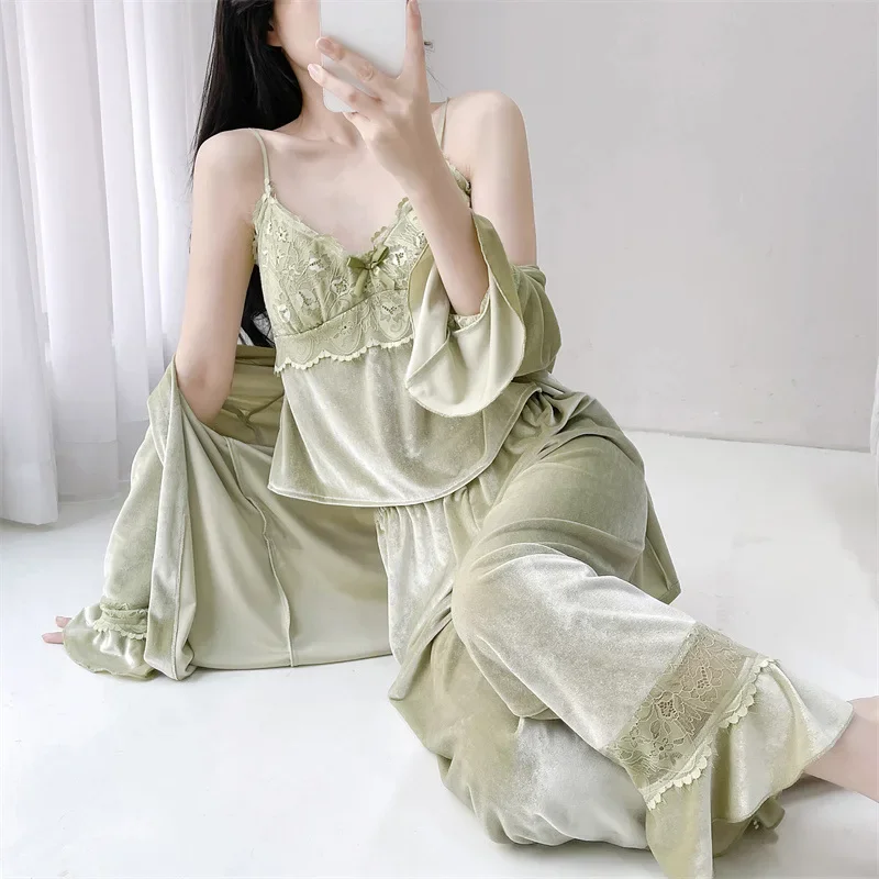 

Sexy Lace Patchwork 3Pcs Sleep Suit Velour Pajamas Soft Velvet Nightwear Top&pants Women's Winter Autumn Home Clothes