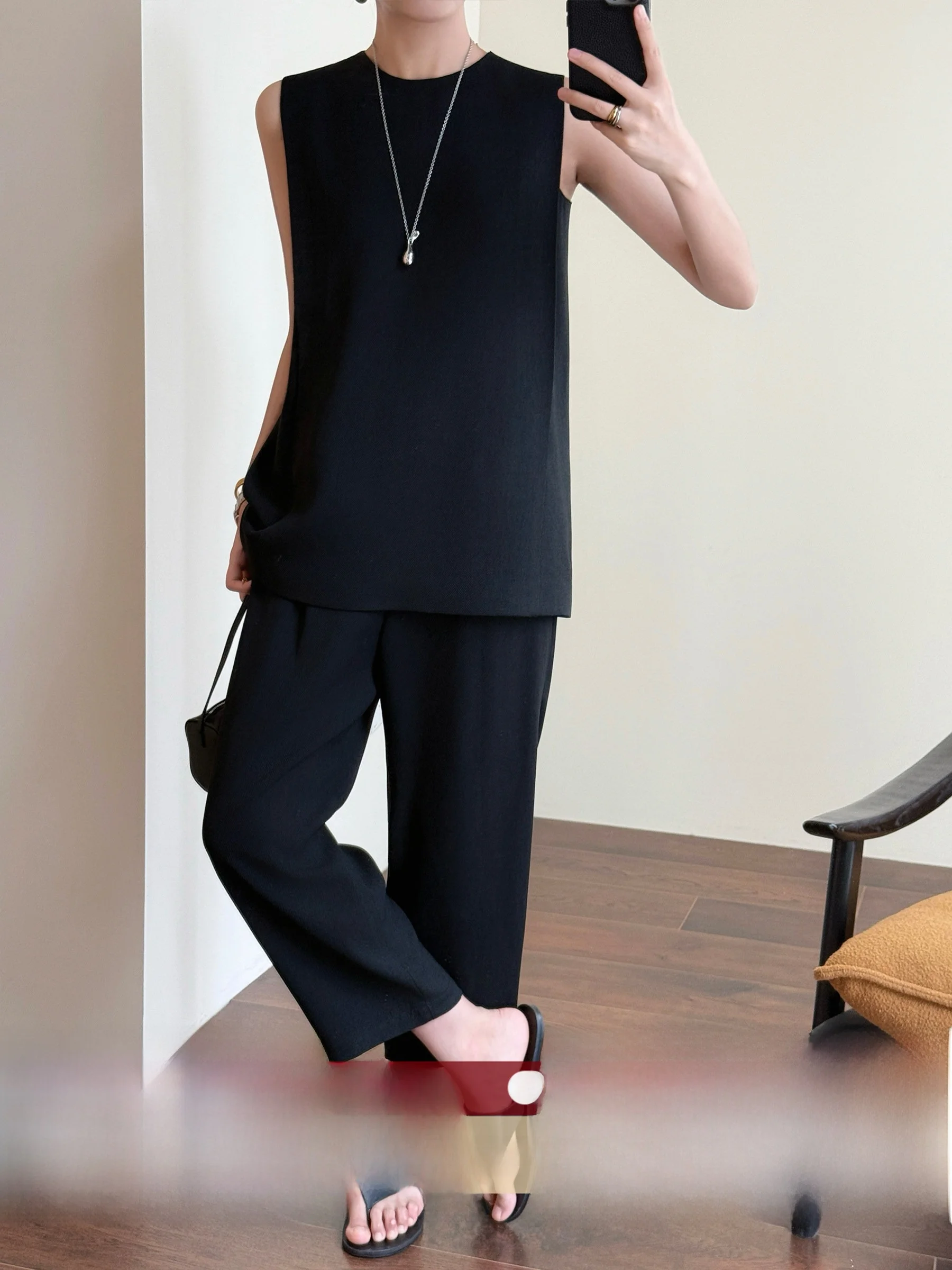 

WANGER Textured Acetate Structure Vest And Wide Leg Pants Set Nine-Tenths Length Simulation Linen Feel Fashionable Outfit