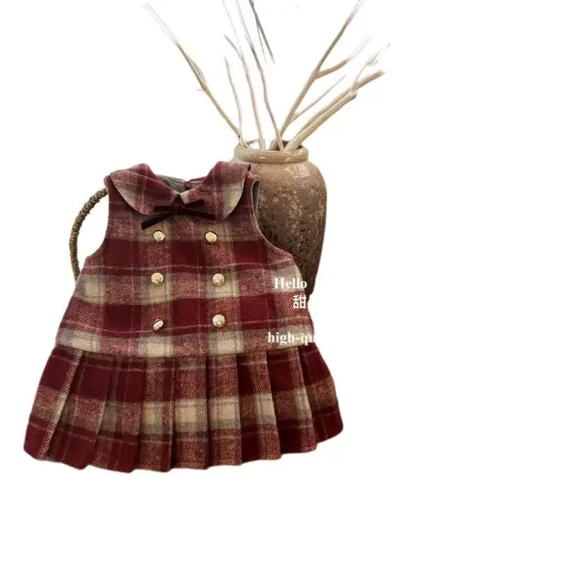 

2026 New Girls' Dress Spring and Autumn New Style Western style Children's Plaid Christmas and New Year Vest Dress